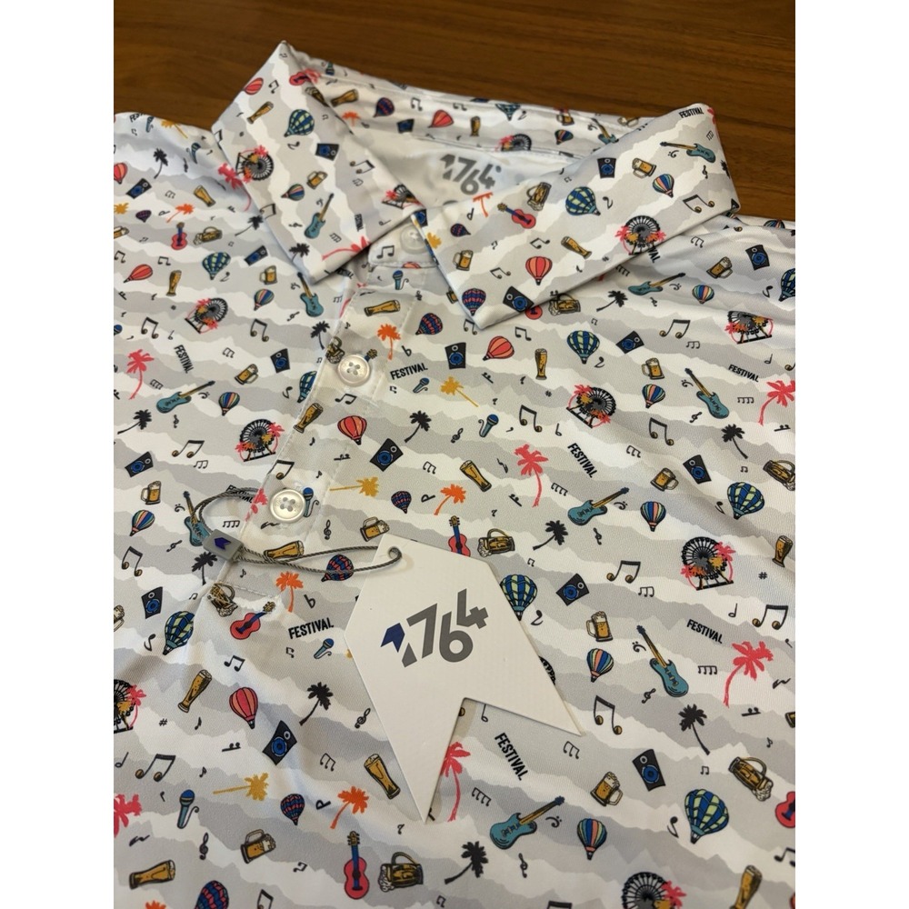 1764 Golf Polo Shirt Mens 2XL NEW Festival All Over Print Performance Stretch